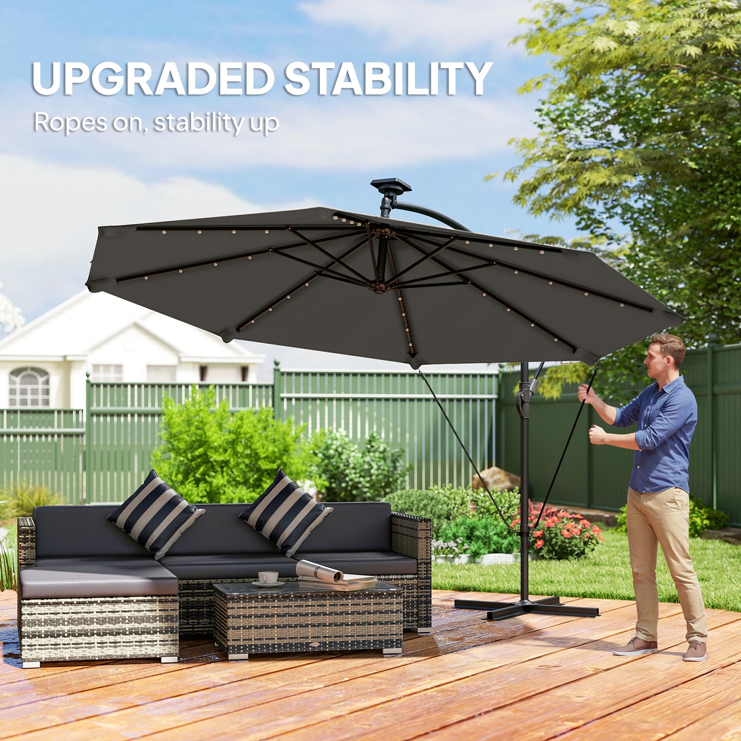 11.3 ft Cantilever Patio Umbrella with Light, Cover, Aluminium UPF50+ Offset Outdoor Umbrella Parasol, Dark Grey