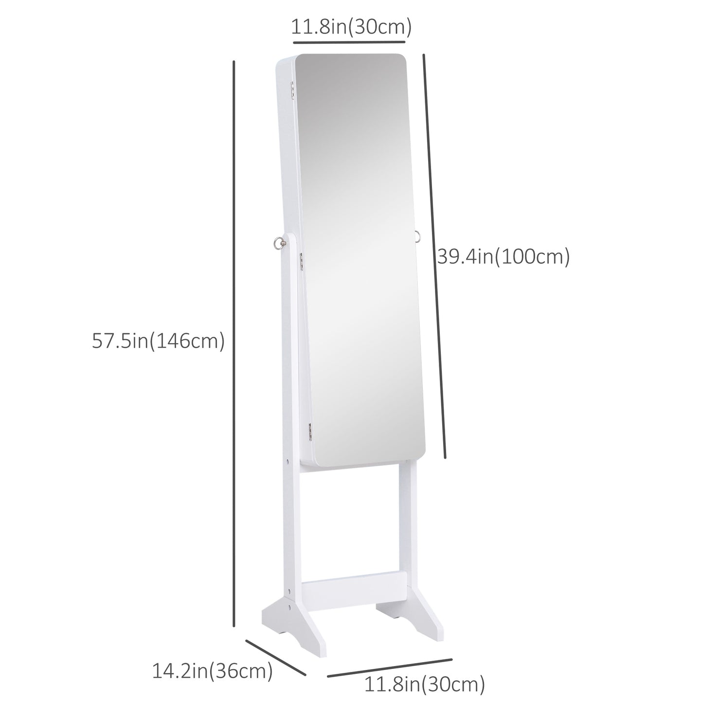 Freestanding Mirror Jewelry Cabinet Armoire, LED Lighted Jewelry Organizer with Stand, Angle Adjustable, White