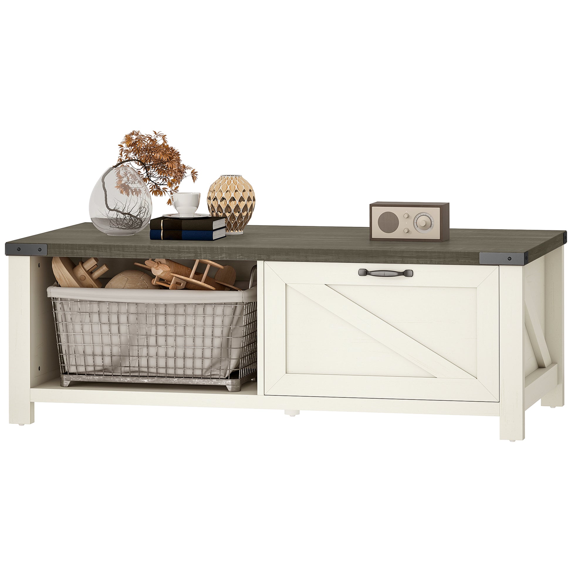 Farmhouse Coffee Table with Drawer, Open Storage Shelf for Living Room, Dining Room, Office, Distressed White