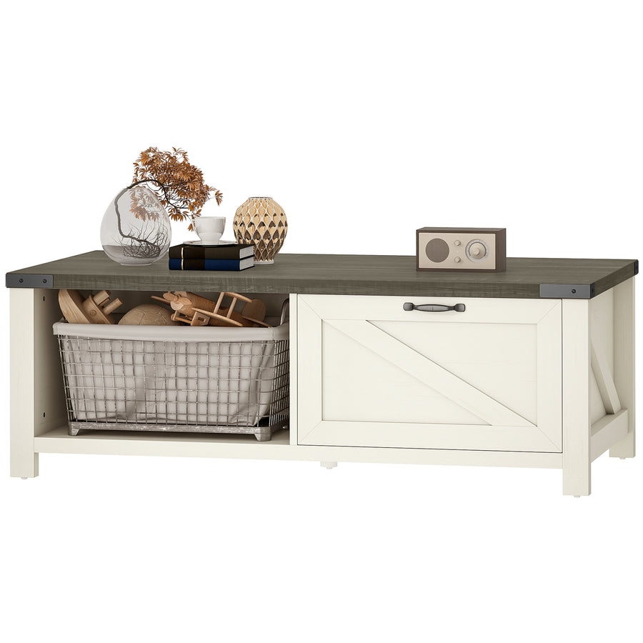 Farmhouse Coffee Table with Drawer, Open Storage Shelf for Living Room, Dining Room, Office, Distressed White