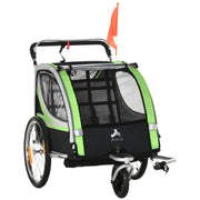 Aosom 2 Seat Bike Trailer for Kids 2-in-1 Double Baby Stroller with Handbrake, Rubber Wheels, 5 Point Harness, Waterproof Cover, Storage Bag, Reflectors, Green