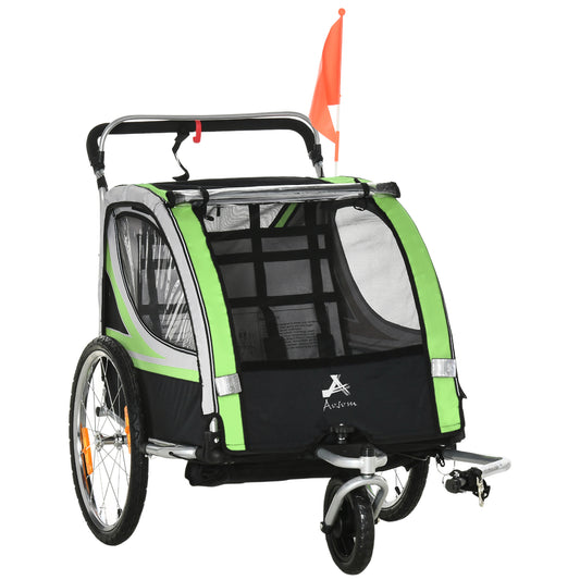 Aosom 2 Seat Bike Trailer for Kids 2-in-1 Double Baby Stroller with Handbrake, Rubber Wheels, 5 Point Harness, Waterproof Cover, Storage Bag, Reflectors, Green