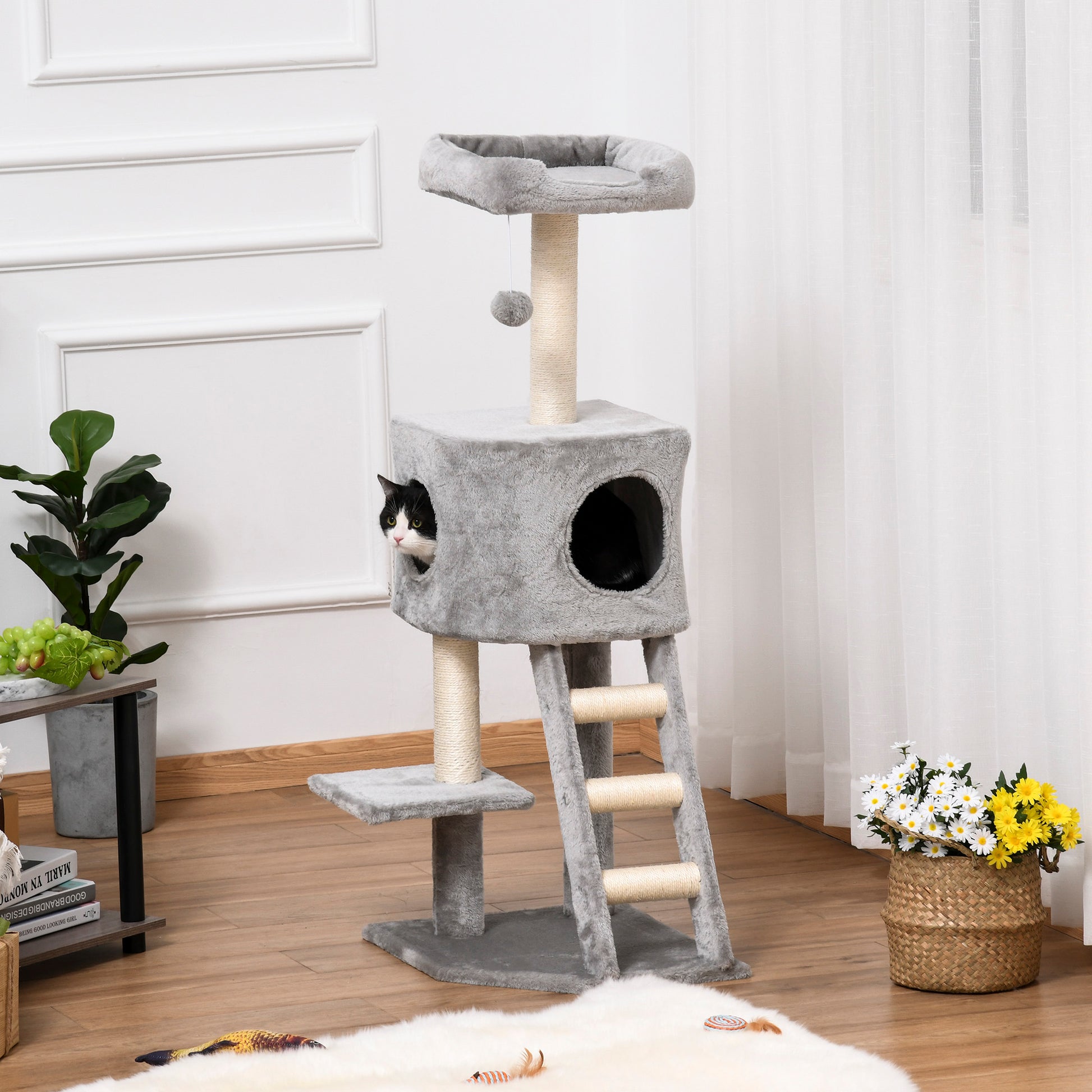 47" Tall Cat Tree Tower with Condo, Ladder, Scratching Posts and Hanging Ball, Light Grey