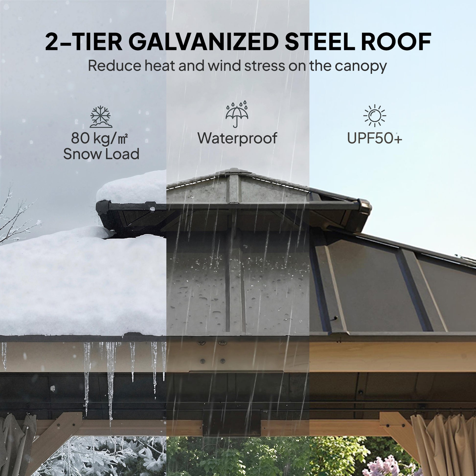 10' x 10' Outdoor Hardtop Gazebo with Double Steel Roof, Wood Patio Gazebo with Curtains, Hook, Light Grey