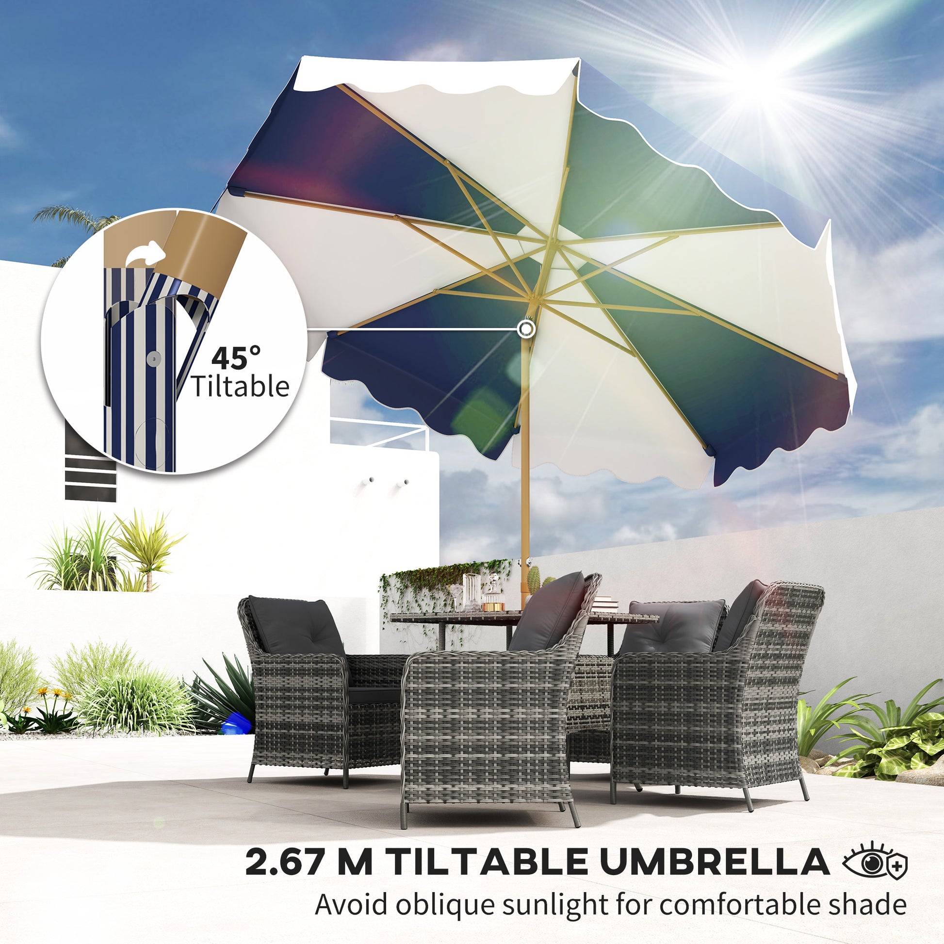 9FT Patio Umbrella with 8 Ribs, Crank & Tilt, UPF 50+ for Garden, Deck, Poolside, Mixed Colour