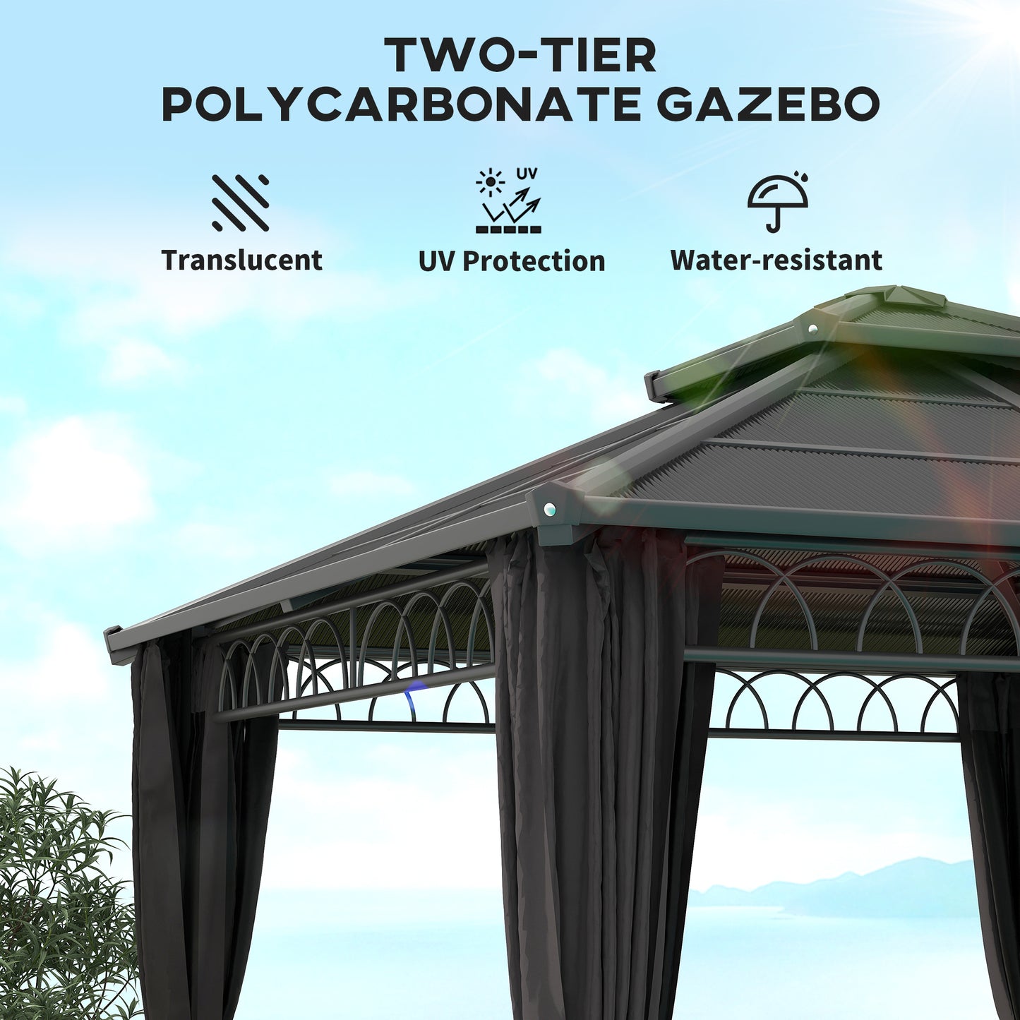 10' x 10' Outdoor Hardtop Gazebo Canopy with Double PC Roof, Steel Frame, Nettings, Curtains for Garden Lawn Deck, Black