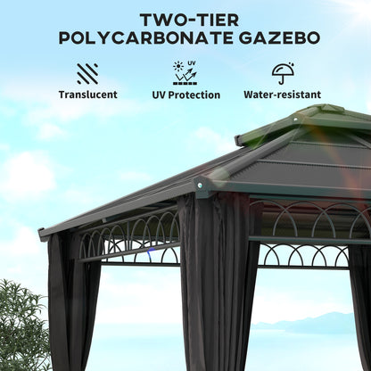 10' x 10' Outdoor Hardtop Gazebo Canopy with Double PC Roof, Steel Frame, Nettings, Curtains for Garden Lawn Deck, Black