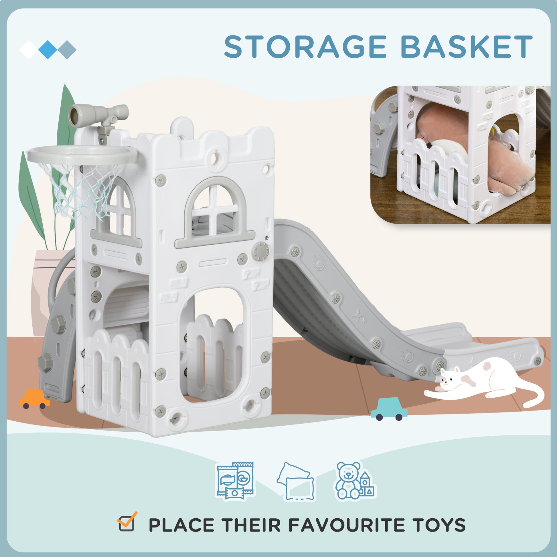 Qaba 5 in 1 Toddler Slide with Basketball Hoop, Climber, Telescope, Storage Basket, for 1-3 Years Kids Indoor Use, Grey