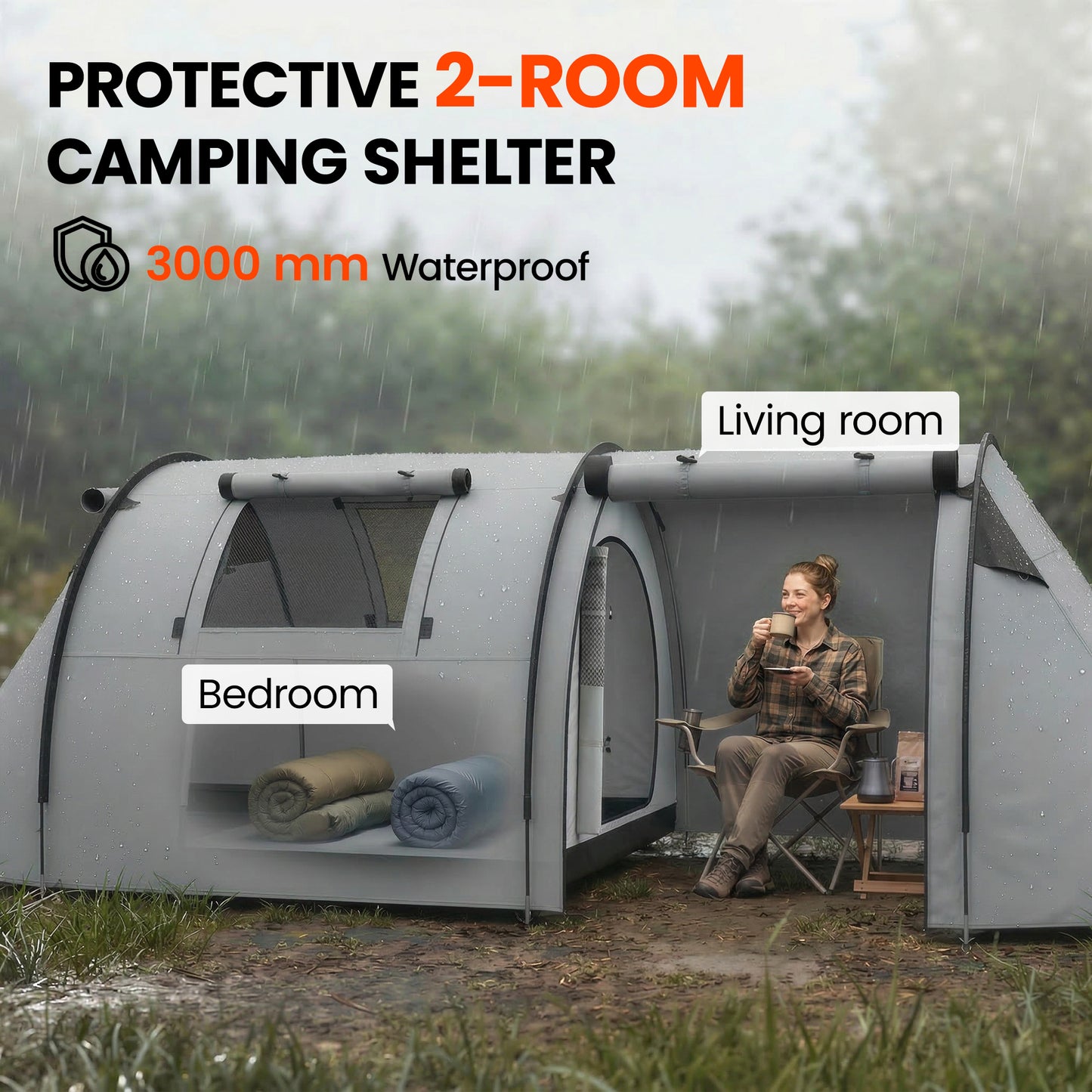 3-4 Person Camping Tent with 2 Rooms, 3000mm Waterproof Portable Family Tent with Carry Bag, Grey