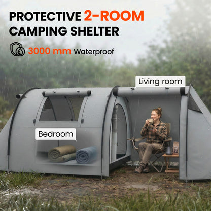 3-4 Person Camping Tent with 2 Rooms, 3000mm Waterproof Portable Family Tent with Carry Bag, Grey