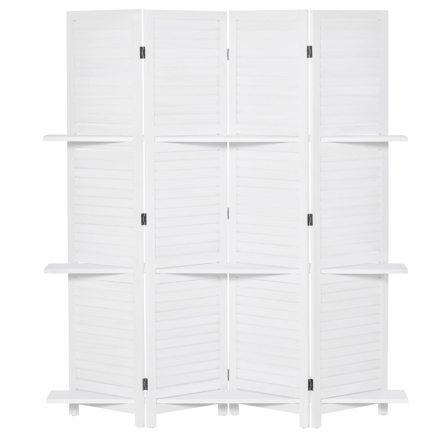 4-Panel Wall Partition Room Separator with 3 Storage Shelves Foldable Design Wooden Frame 5.6FT White