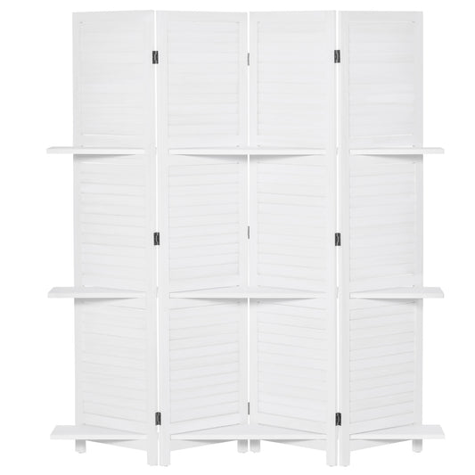 4-Panel Wall Partition Room Separator with 3 Storage Shelves Foldable Design Wooden Frame 5.6FT White
