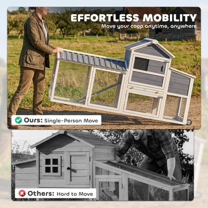 Chicken Coop with Wheels, 80" L Mobile Hen House with Run, Outdoor Wooden Chicken House with Nesting Box, Tray, Ramp