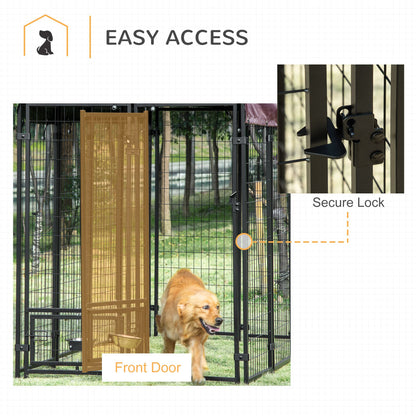 Outdoor Dog Kennel, Lockable Pet Playpen Crate, Welded Wire Steel Fence, Rotating Bowl Holders, Red