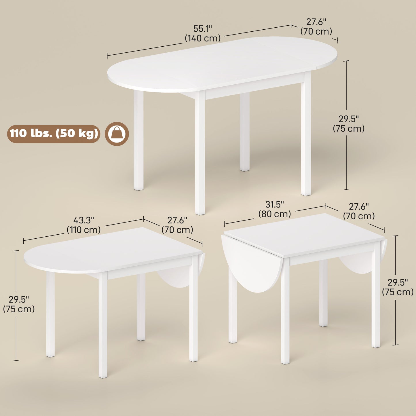 Solid Wood Kitchen Table, Drop Leaf Tables for Small Spaces, Folding Dining Table, White
