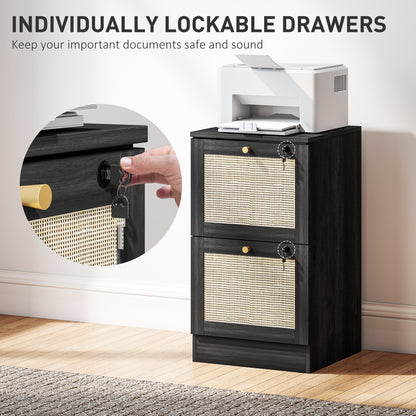2 Drawer Filing Cabinet with Lock, Boho File Cabinet for A4 Letter Size Files with Decorative Rattan Accents, Black