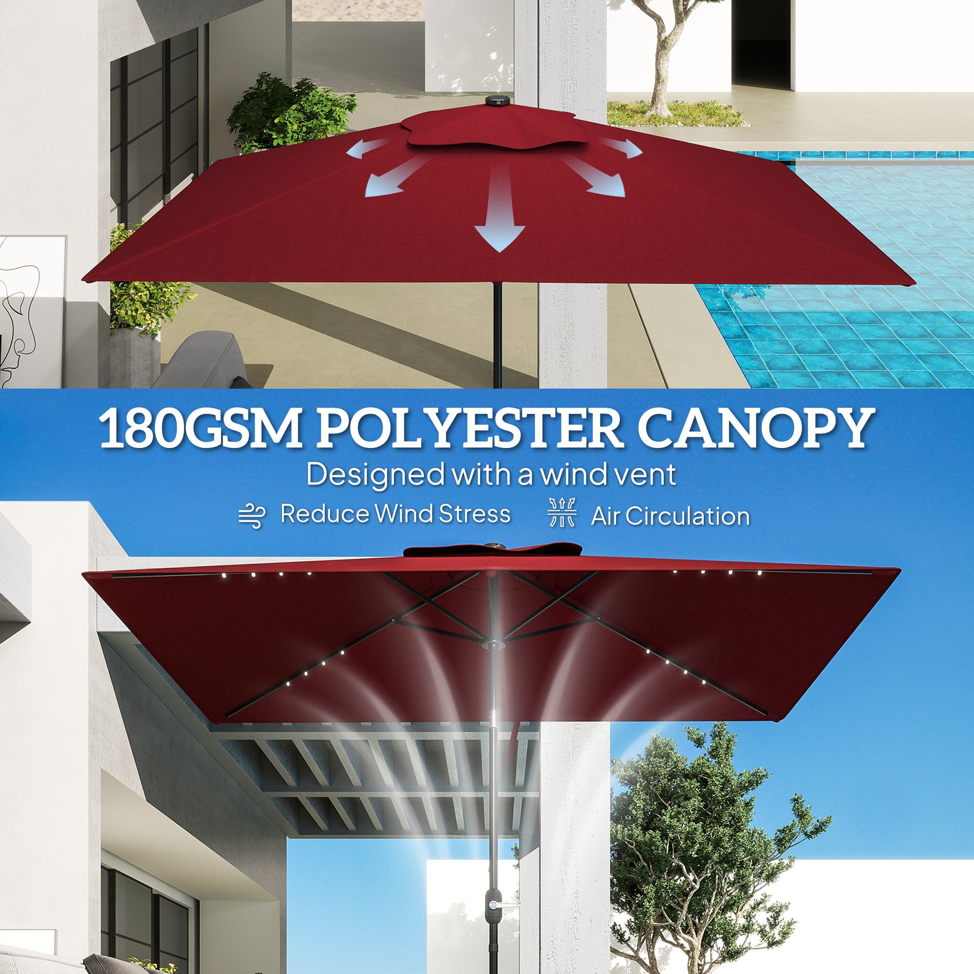 6' x 10' Patio Umbrella with 22 LED Solar Lights and Tilt, Rectangular Outdoor Table Umbrella with Crank, Wine Red