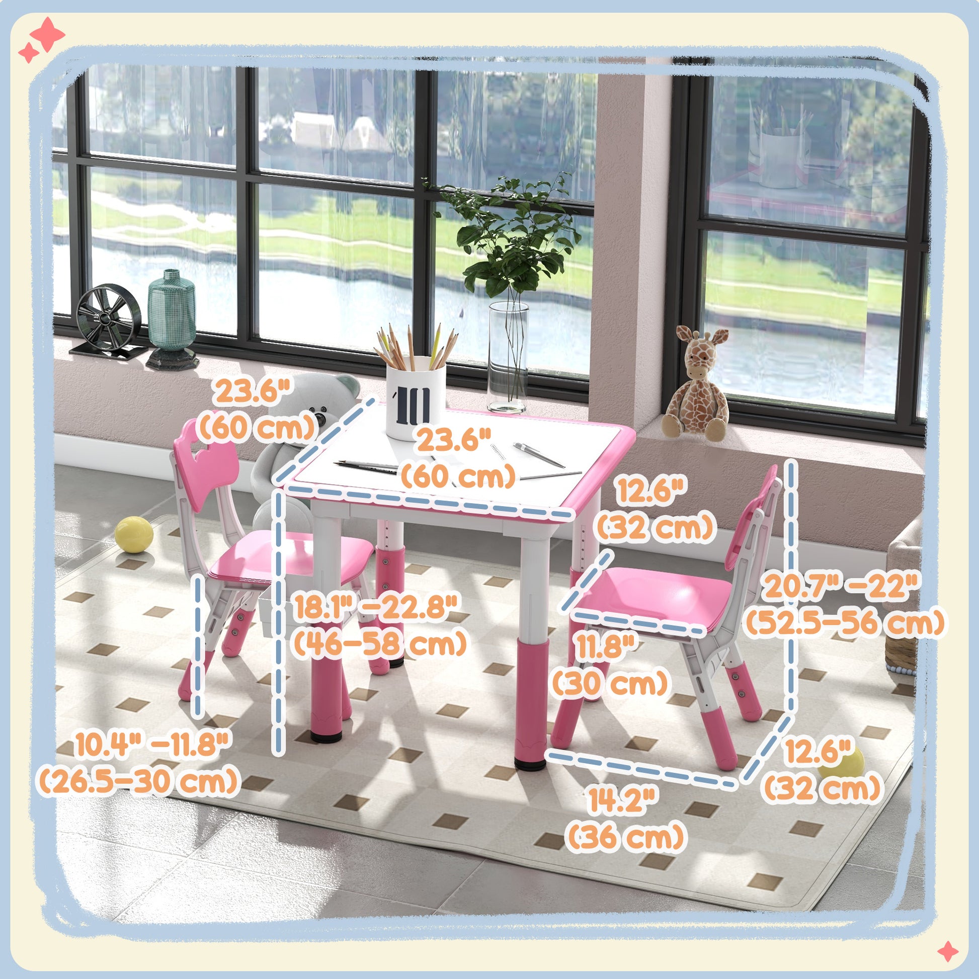 Qaba 3 Pieces Toddler Table and Chair Set, Height Adjustable Kids Table and Chair Set w/ Storage, for Playroom Pink