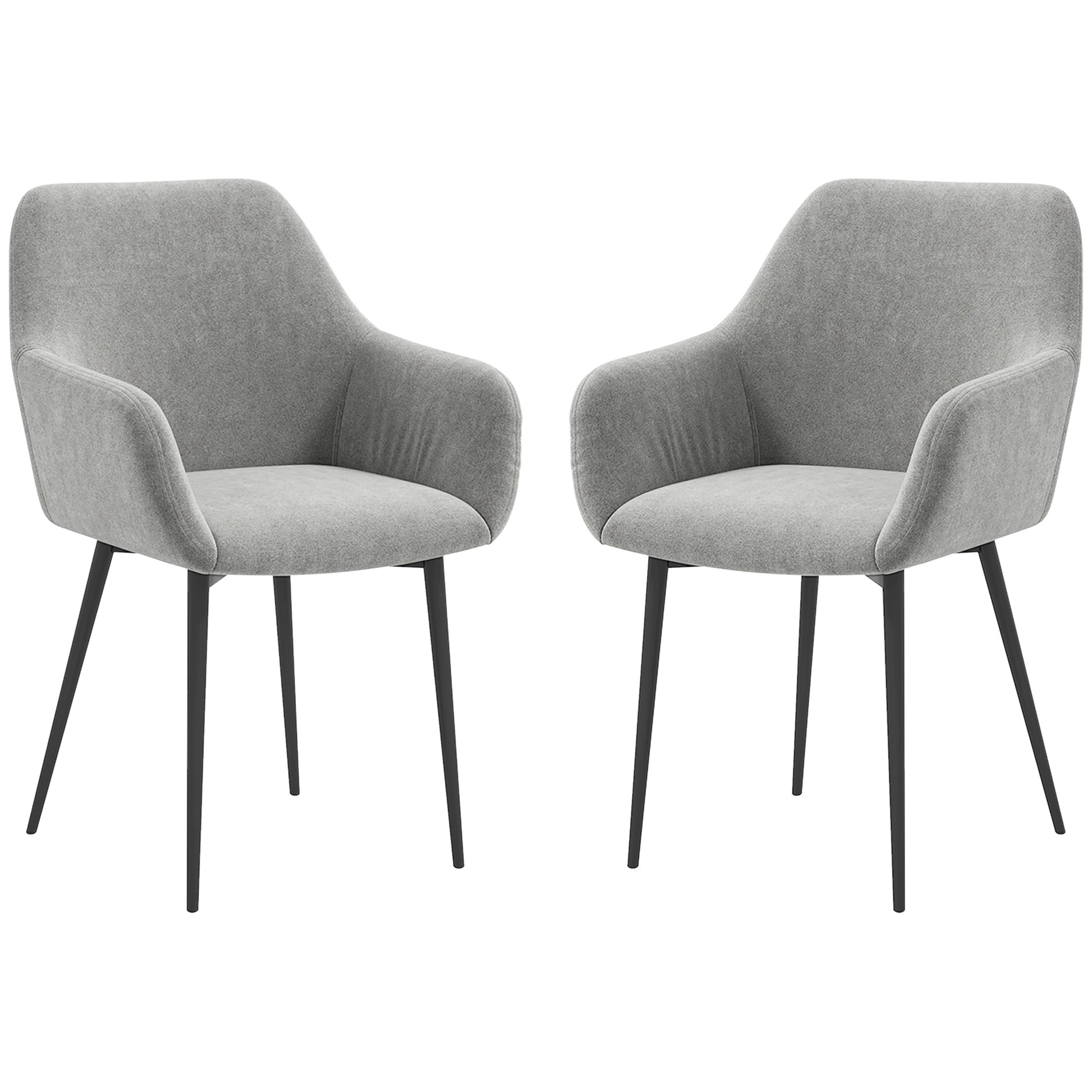 Dining Chairs Set of 2, Velvet-look Fabric Upholstered Kitchen Chairs with Backrest, Armrests and Steel Legs, Dark Grey