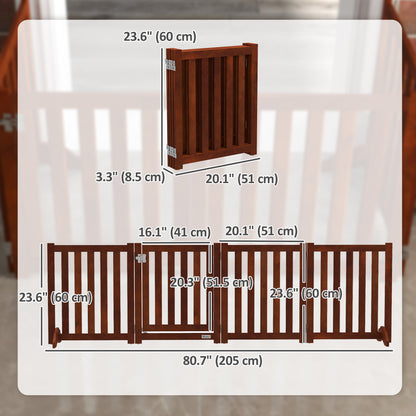Foldable Dog Gate with Door, 4 Panels Fressstanding Pet Gate, Brown