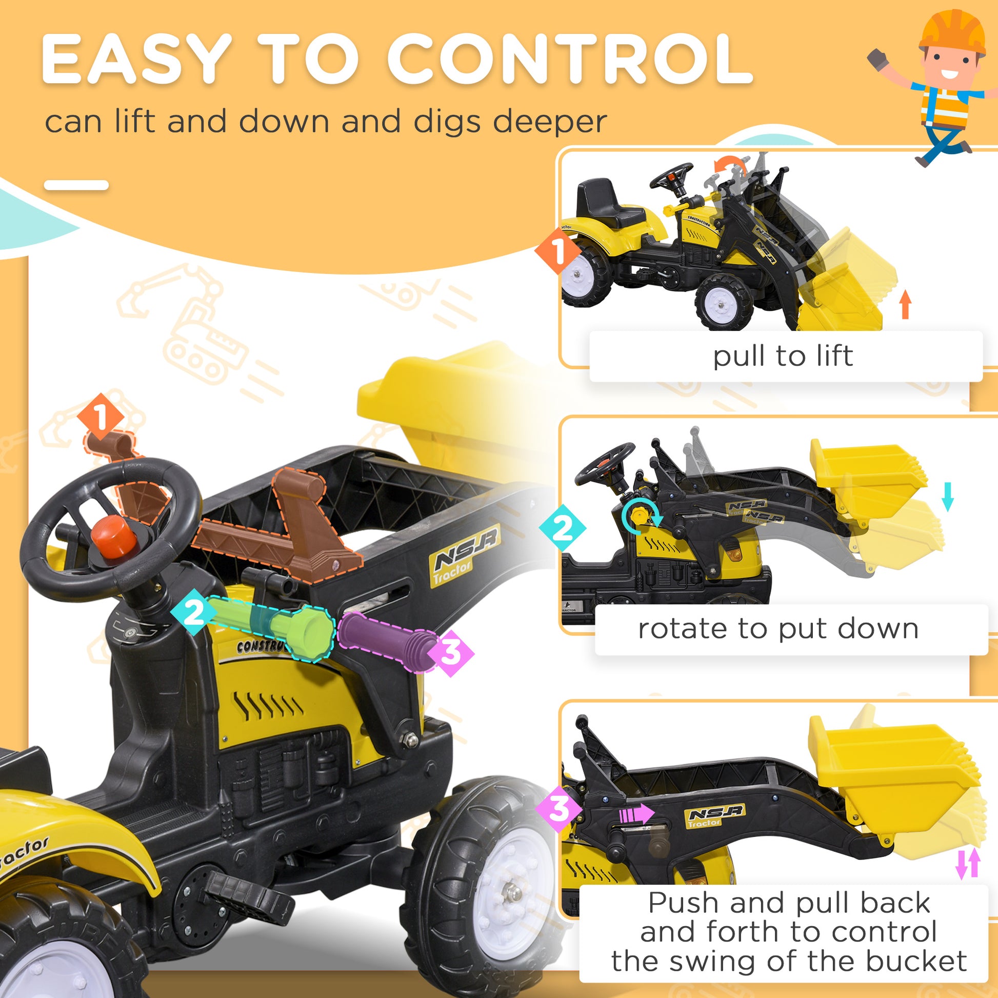 Aosom Ride on Tractor for Kids, Pedal Construction Car with Front Loader Digger for 3 Year Old, Yellow