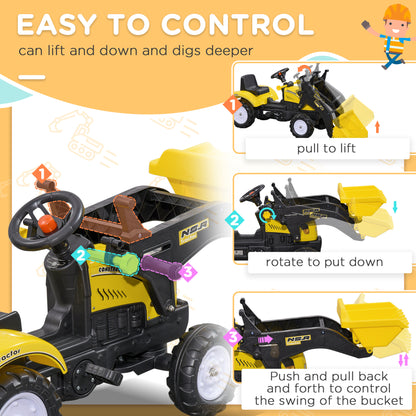 Aosom Ride on Tractor for Kids, Pedal Construction Car with Front Loader Digger for 3 Year Old, Yellow