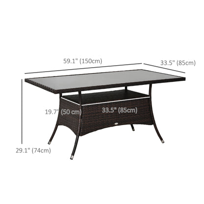 Garden Dining Table, Patio Rattan Dining Table with Glass Top, Storage Shelf for Yard, 59" x 34" x 29", Brown