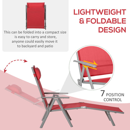 Outdoor Folding Chaise Lounge Chair Steel Portable Recliner with 7 Adjustable Backrest Positions, Red