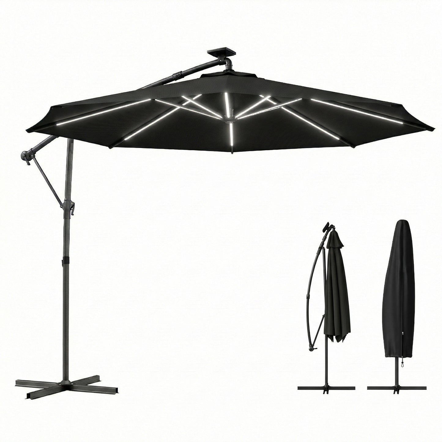 10 ft Offset Patio Umbrella with Solar Light, Garden Hanging Parasol with 360° Rotation, Tilt, Cover, Black
