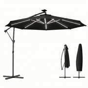 10 ft Offset Patio Umbrella with Solar Light, Garden Hanging Parasol with 360° Rotation, Tilt, Cover, Black