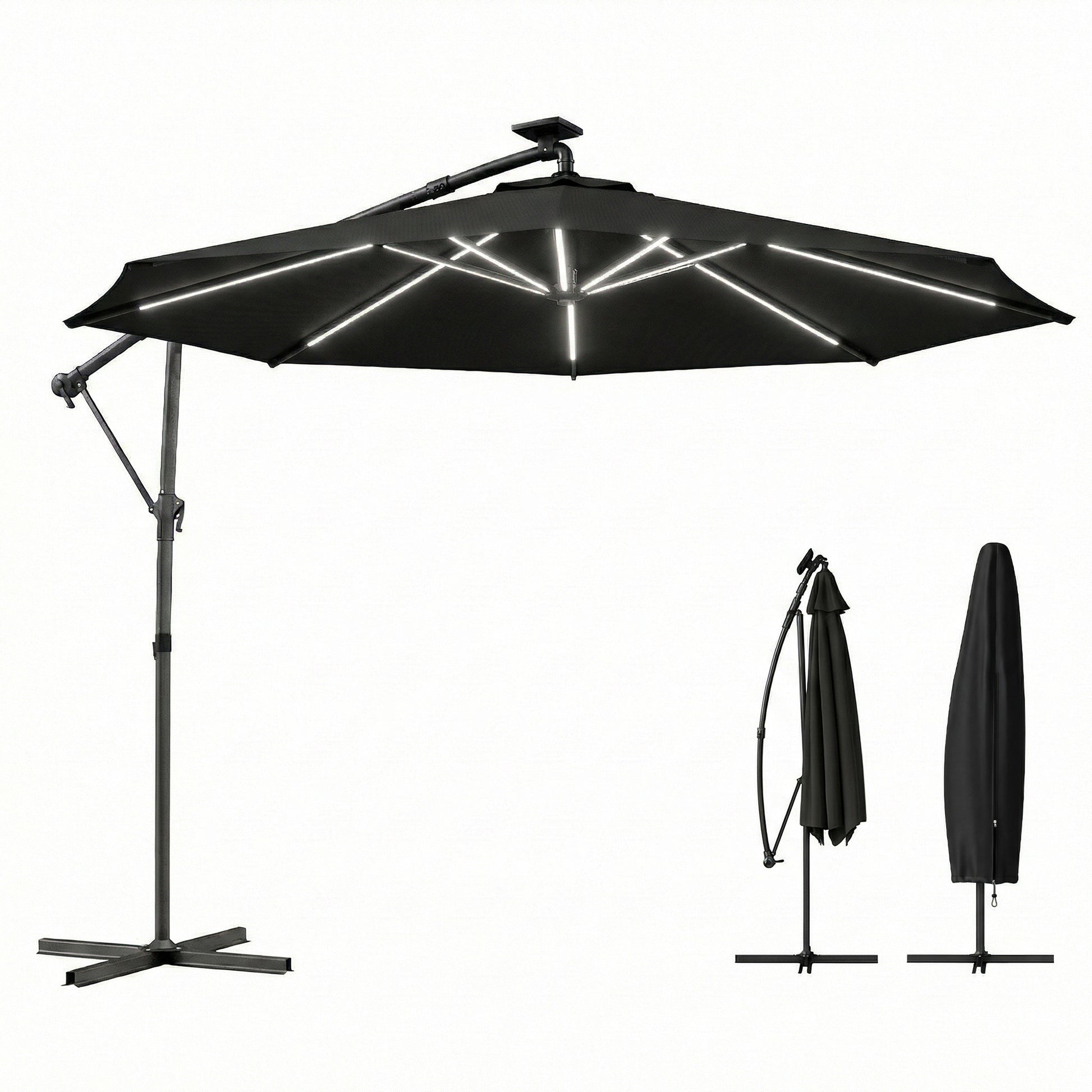 10 ft Offset Patio Umbrella with Solar Light, Garden Hanging Parasol with 360° Rotation, Tilt, Cover, Black