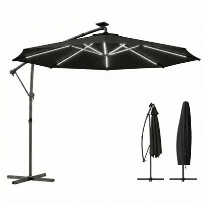 10 ft Offset Patio Umbrella with Solar Light, Garden Hanging Parasol with 360° Rotation, Tilt, Cover, Black
