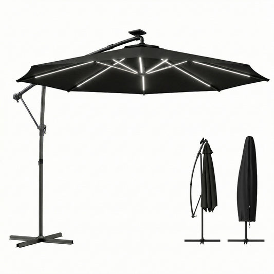10 ft Offset Patio Umbrella with Solar Light, Garden Hanging Parasol with 360° Rotation, Tilt, Cover, Black