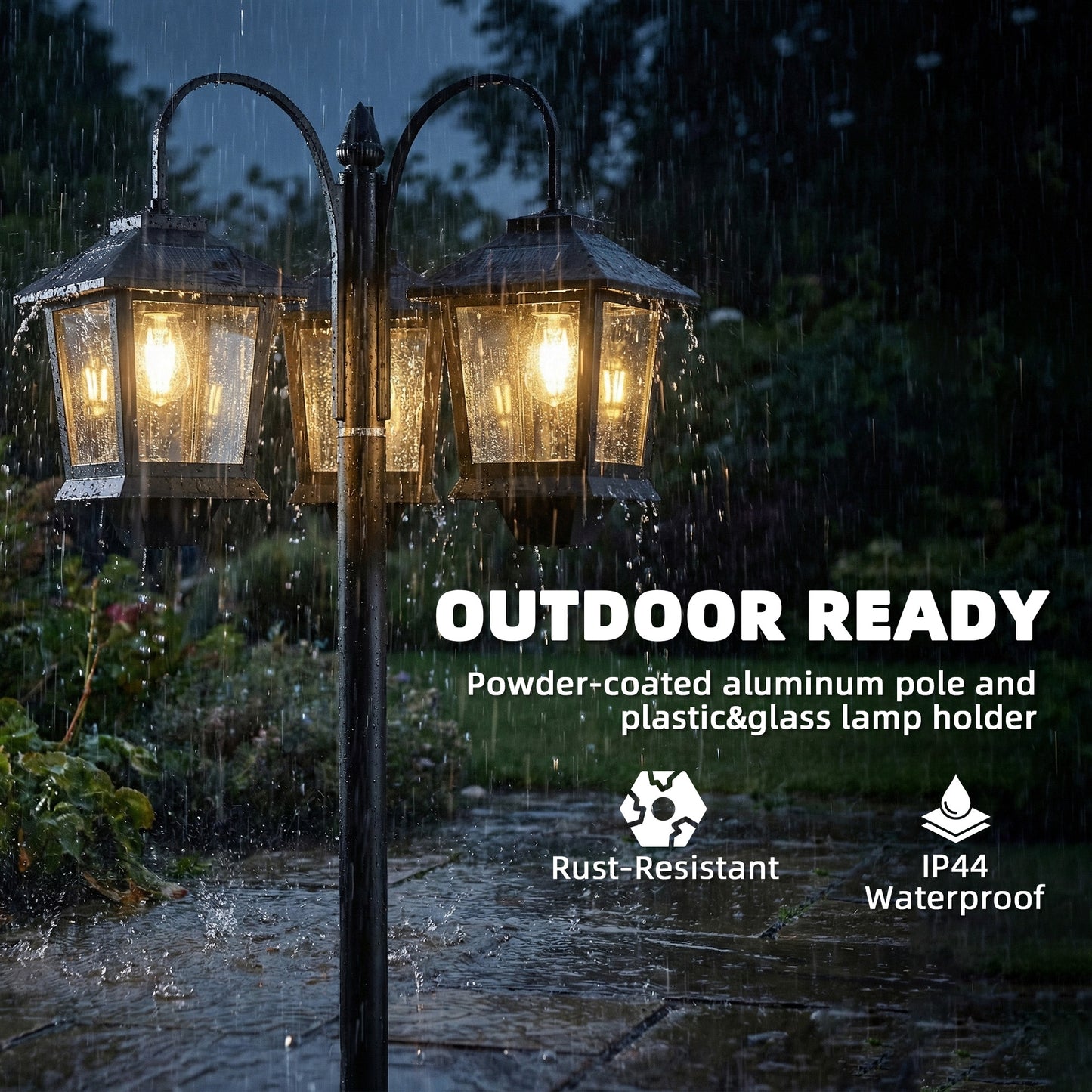 74" 3-Head Solar Lamp Post Light, Waterproof LED Solar Light Posts with Automatic Dusk-to-Dawn Sensor, IP44 Waterproof