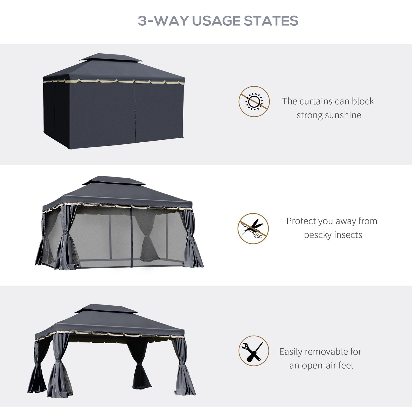 13' x 10' Patio Gazebo, Double Roof Outdoor Gazebo Canopy Shelter with Netting & Curtains, Strong Aluminum Frame, Black