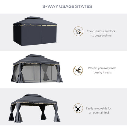 13' x 10' Patio Gazebo, Double Roof Outdoor Gazebo Canopy Shelter with Netting & Curtains, Strong Aluminum Frame, Black