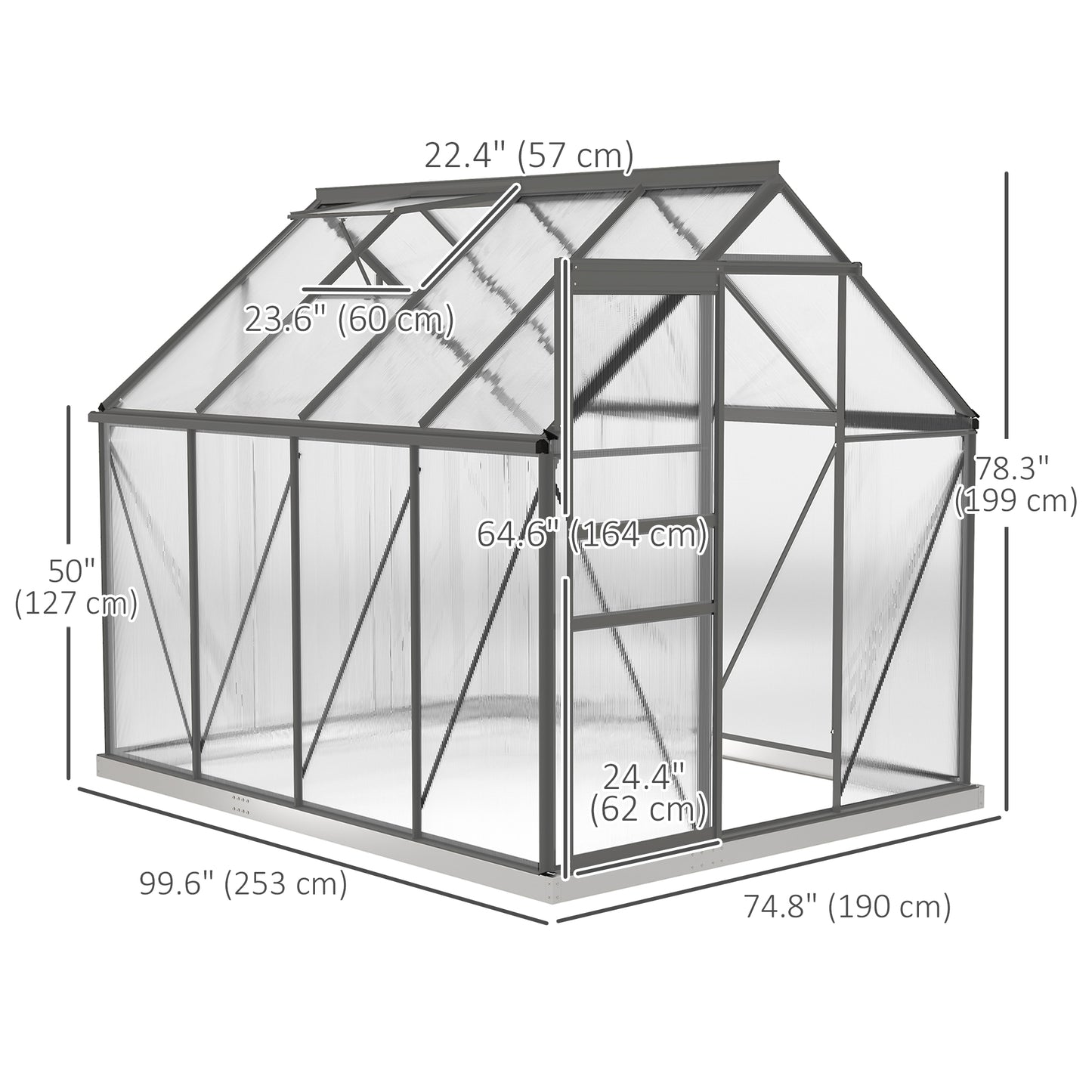 6' x 8' x 6.5' Polycarbonate Greenhouse, Walk-in Green House with Adjustable Roof Vent Galvanized Base Sliding Door Rain Gutter for Outdoor Garden Backyard, Charcoal Grey