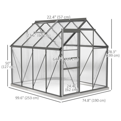 6' x 8' x 6.5' Polycarbonate Greenhouse, Walk-in Green House with Adjustable Roof Vent Galvanized Base Sliding Door Rain Gutter for Outdoor Garden Backyard, Charcoal Grey