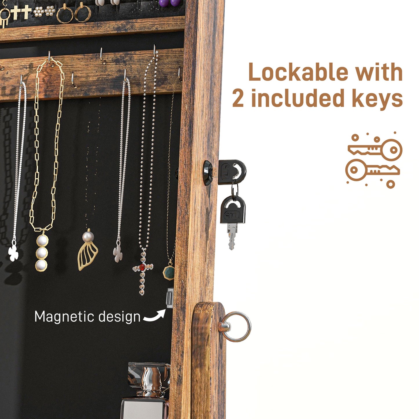 Lockable Mirror Jewelry Cabinet, Full-Length Mirror and Jewellery Storage with 3 Adjustable Angles, Rustic Brown