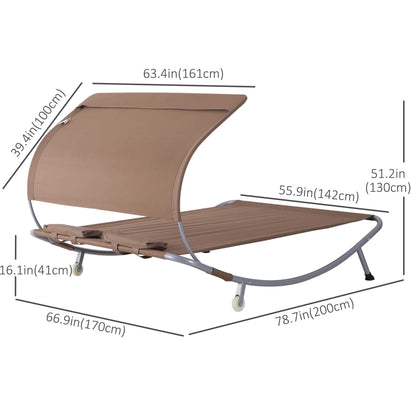 79" Outdoor Lounge Chair with Canopy, Double Chaise Lounger Hammock Bed w/ Pillow and Wheels, Brown