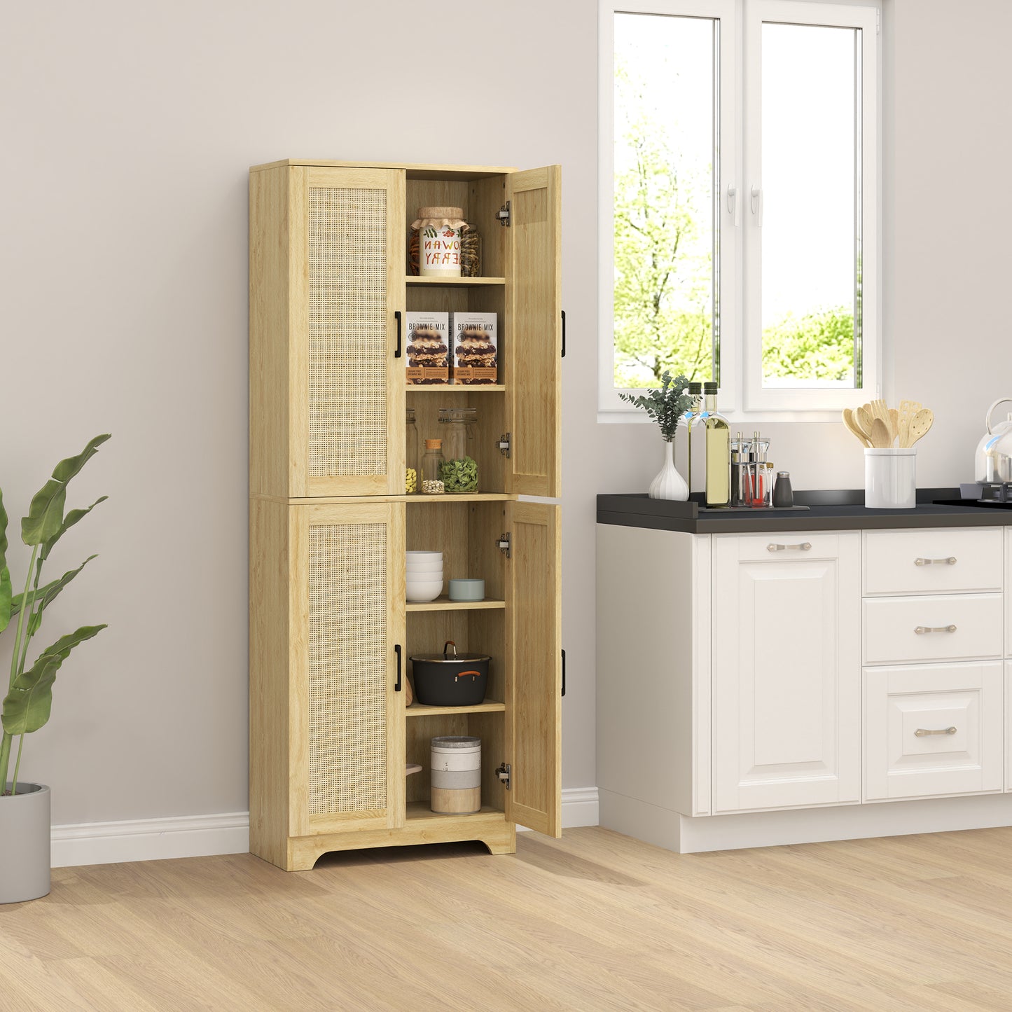 67" Tall Kitchen Pantry, Freestanding Kitchen Storage Cabinet with 4 Rattan Doors and Adjustable Shelves, Oak