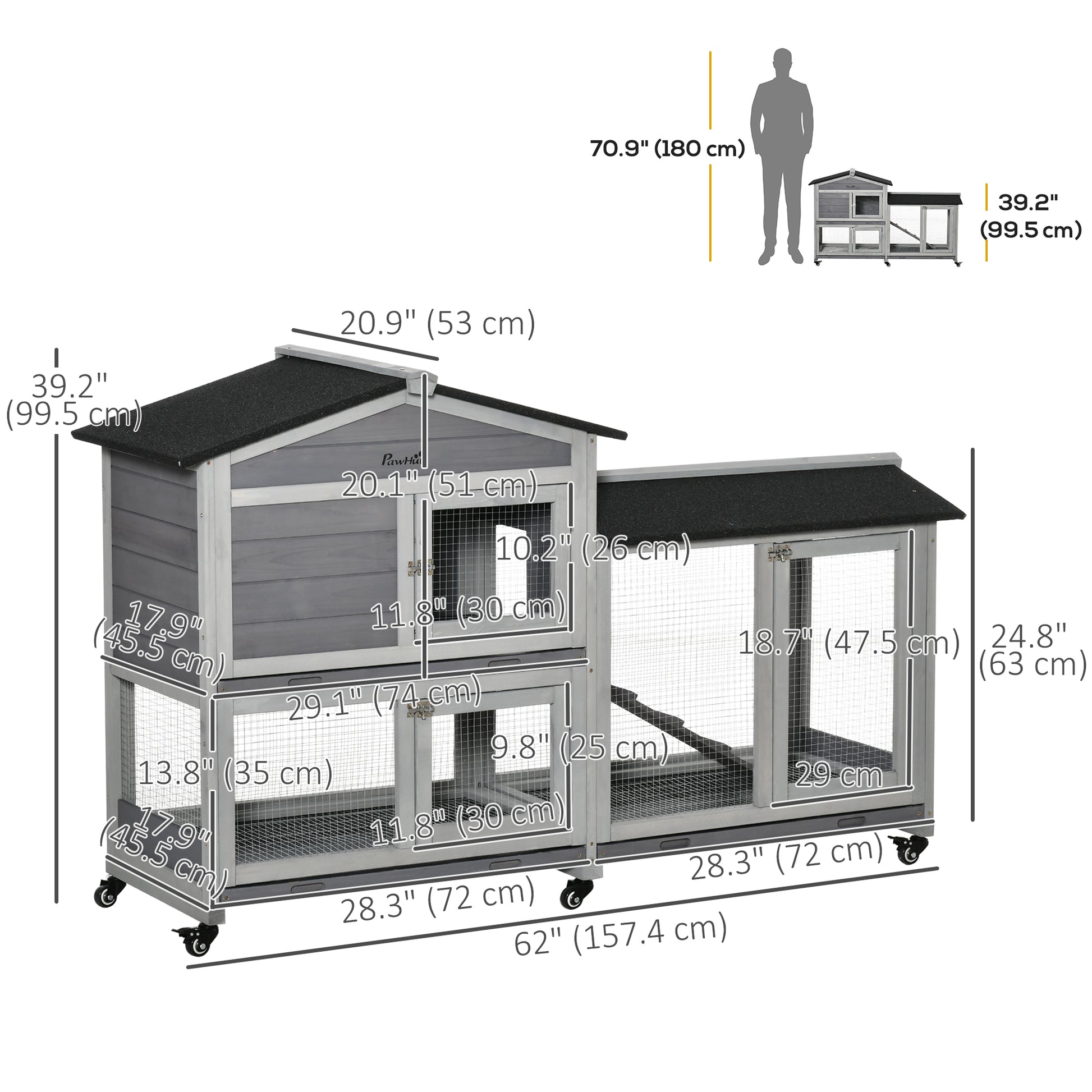 62" Wooden Rabbit Hutch with Wheels, Run Box, Tray, Ramp for Small Animals, Guinea Pig, Indoor Outdoor Use, Light Grey