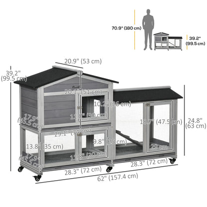 62" Wooden Rabbit Hutch with Wheels, Run Box, Tray, Ramp for Small Animals, Guinea Pig, Indoor Outdoor Use, Light Grey