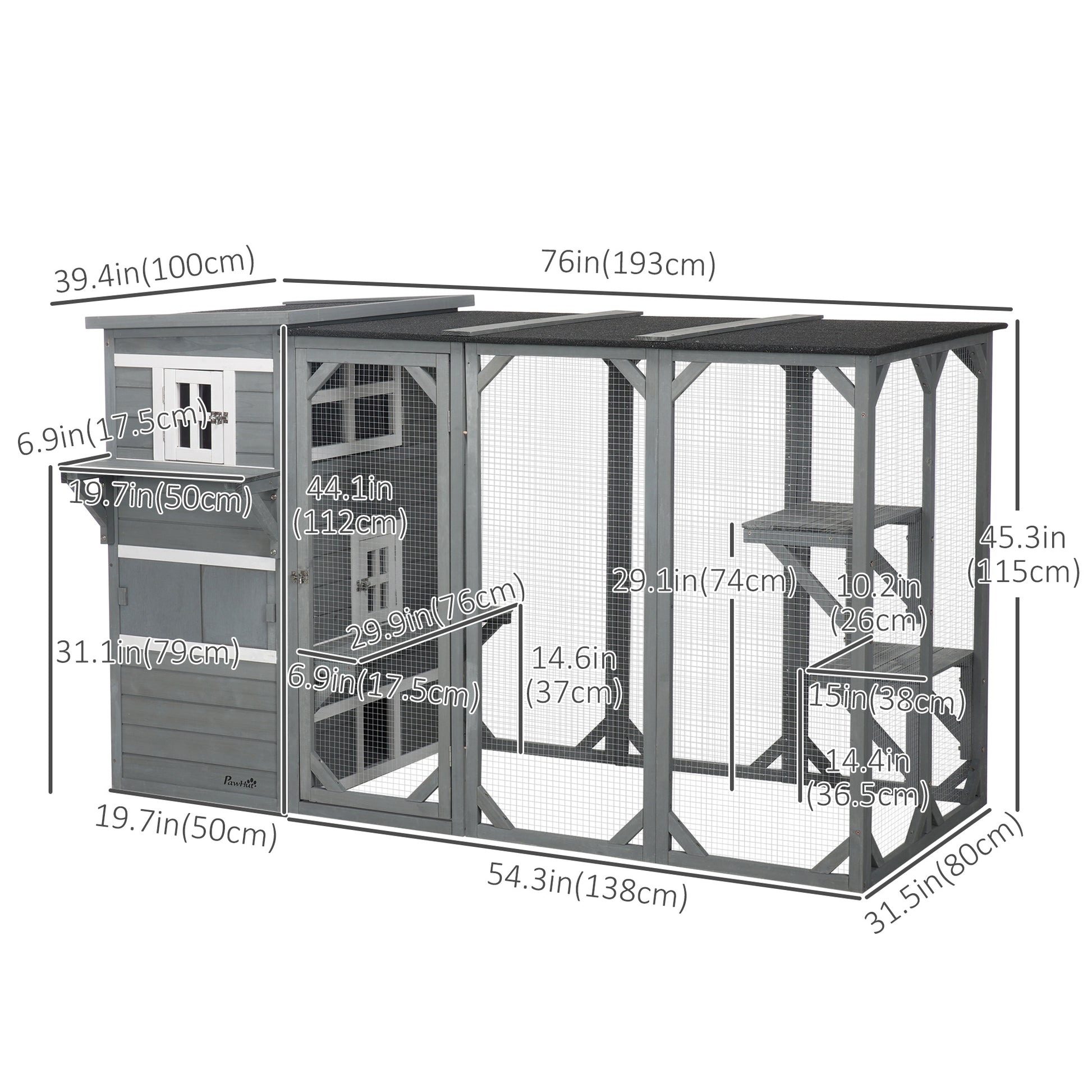 Wooden Cat Catio, 76"L Walk in Outdoor Cat House with Asphalt Roof, Platforms, Lockable Doors, 3-tier Resting Condo, Observation Window, for 2-3 Cats, Light Grey
