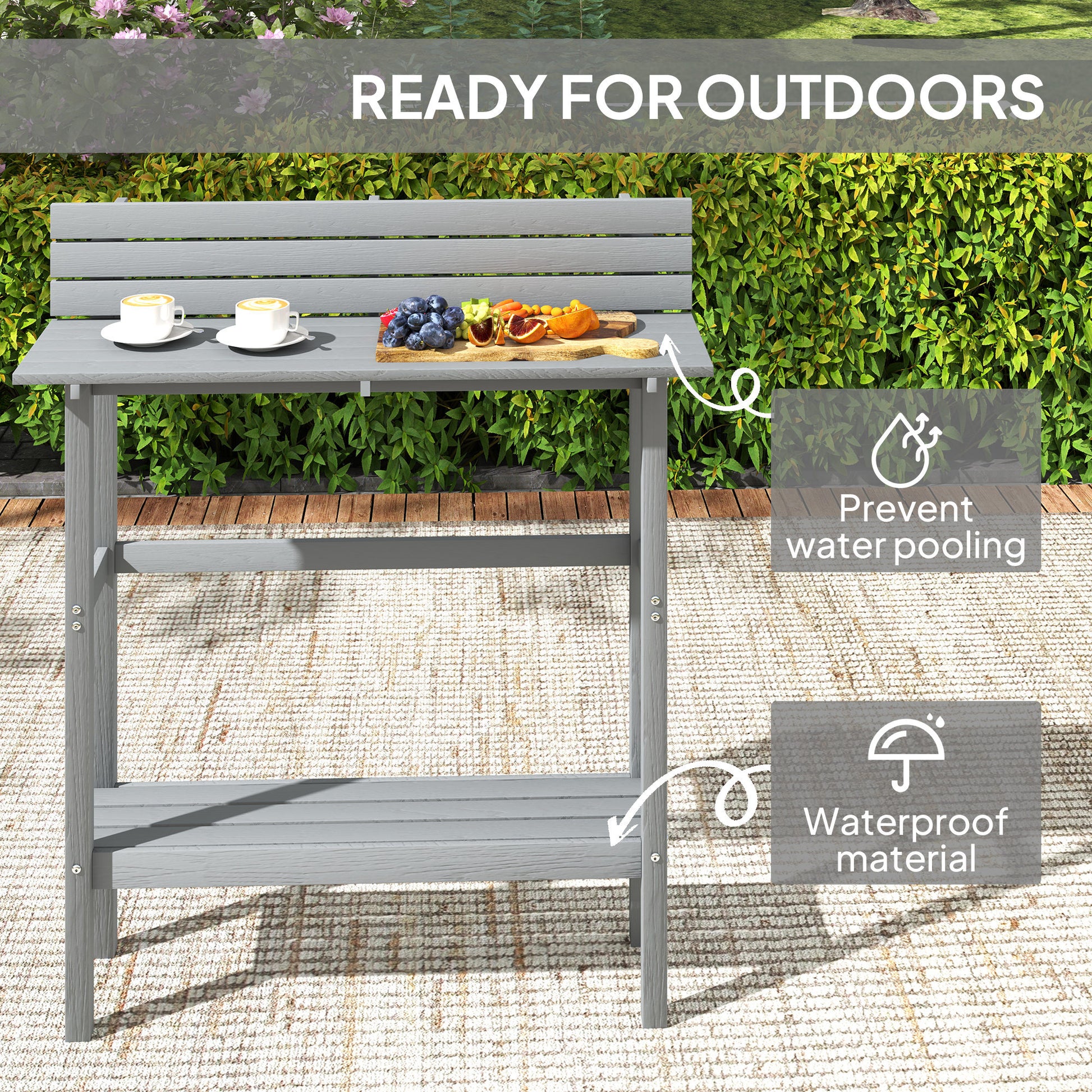 110cm Rectangle Outdoor Bar Table with Built-in Footrest, Slatted Top, Grey