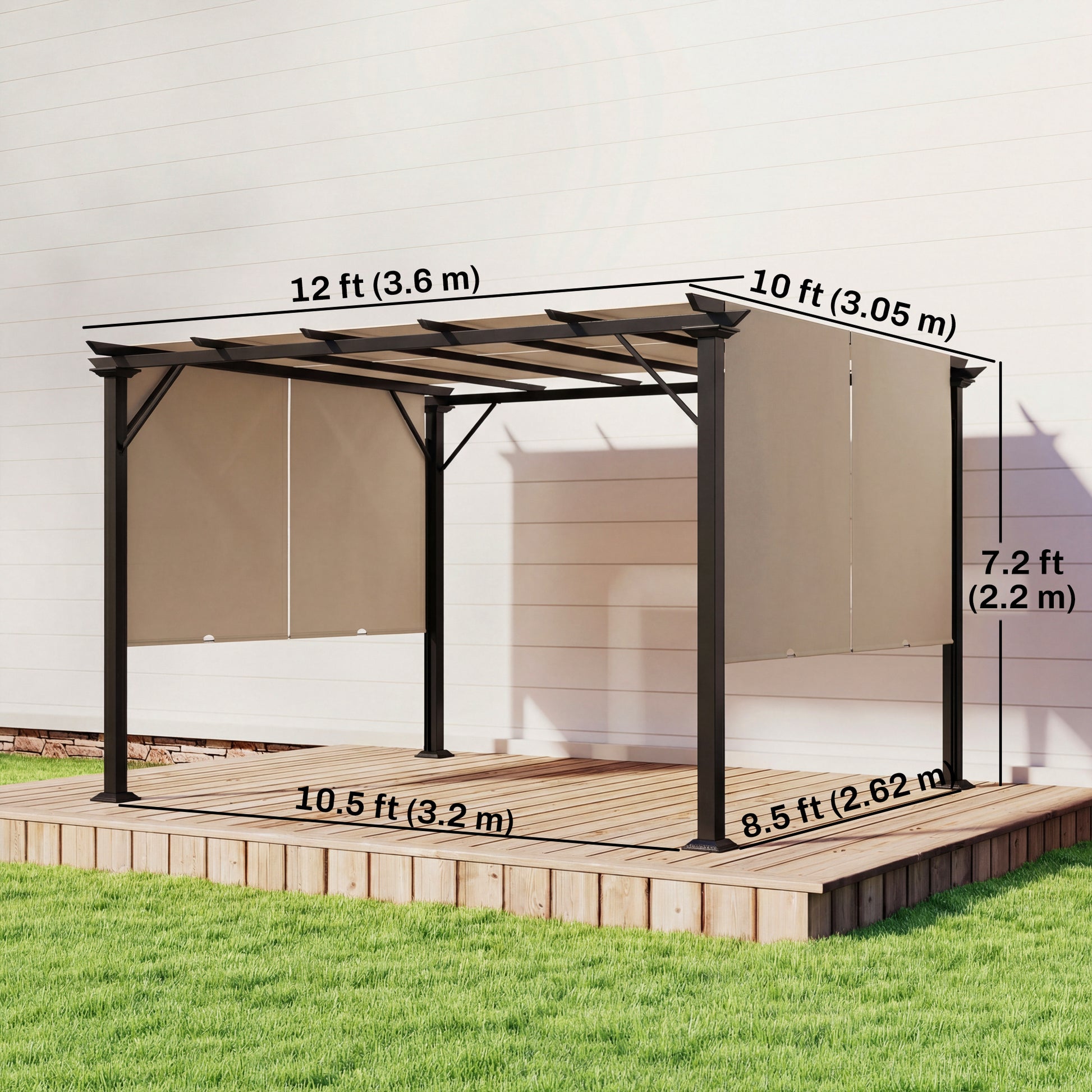 12' x 10' Outdoor Patio Gazebo Pergola with Retractable Canopy Roof, Steel Frame with Stakes, Light Brown