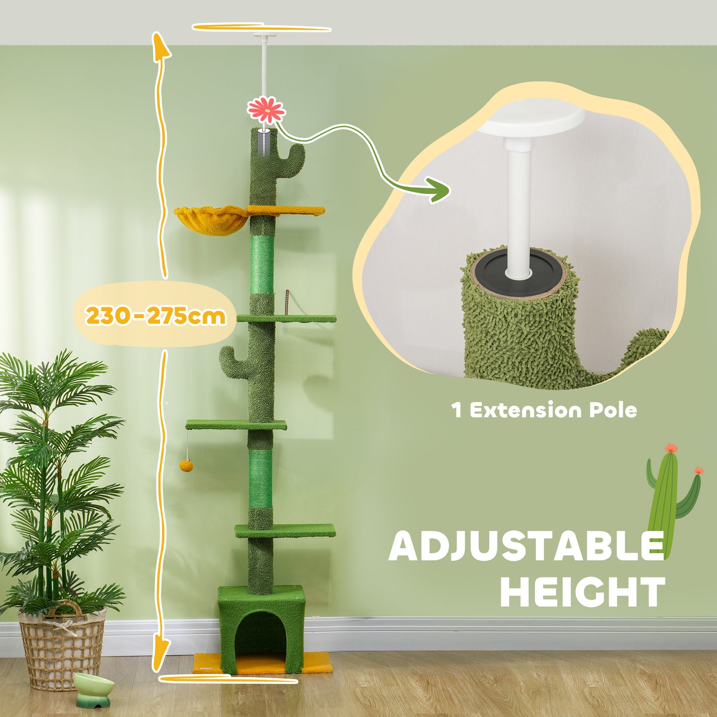 Floor to Ceiling Cat TreeTower with 90.5"-108" Adjustable Height, Scratching Posts, Hammock, Comdo, Toy Ball, Green