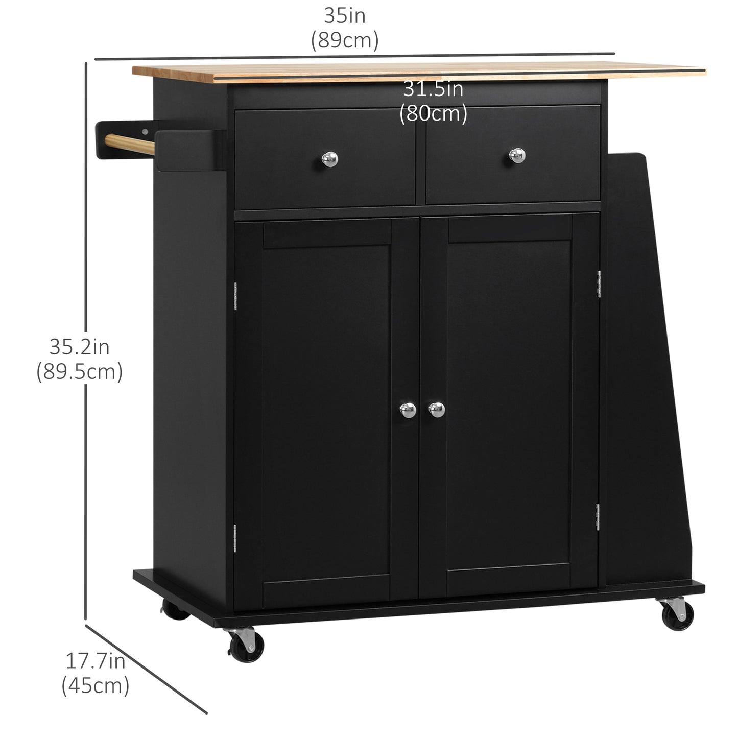 Rolling Kitchen Island Trolley Storage Cart with Rubber Wood Top, 3-Tier Spice Rack, Towel Rack Home Kitchen Carts, Black