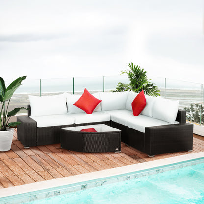 6 Piece Outdoor Wicker Furniture Set, Patio Cushioned Rattan Sofa Chair and Table, Cream White