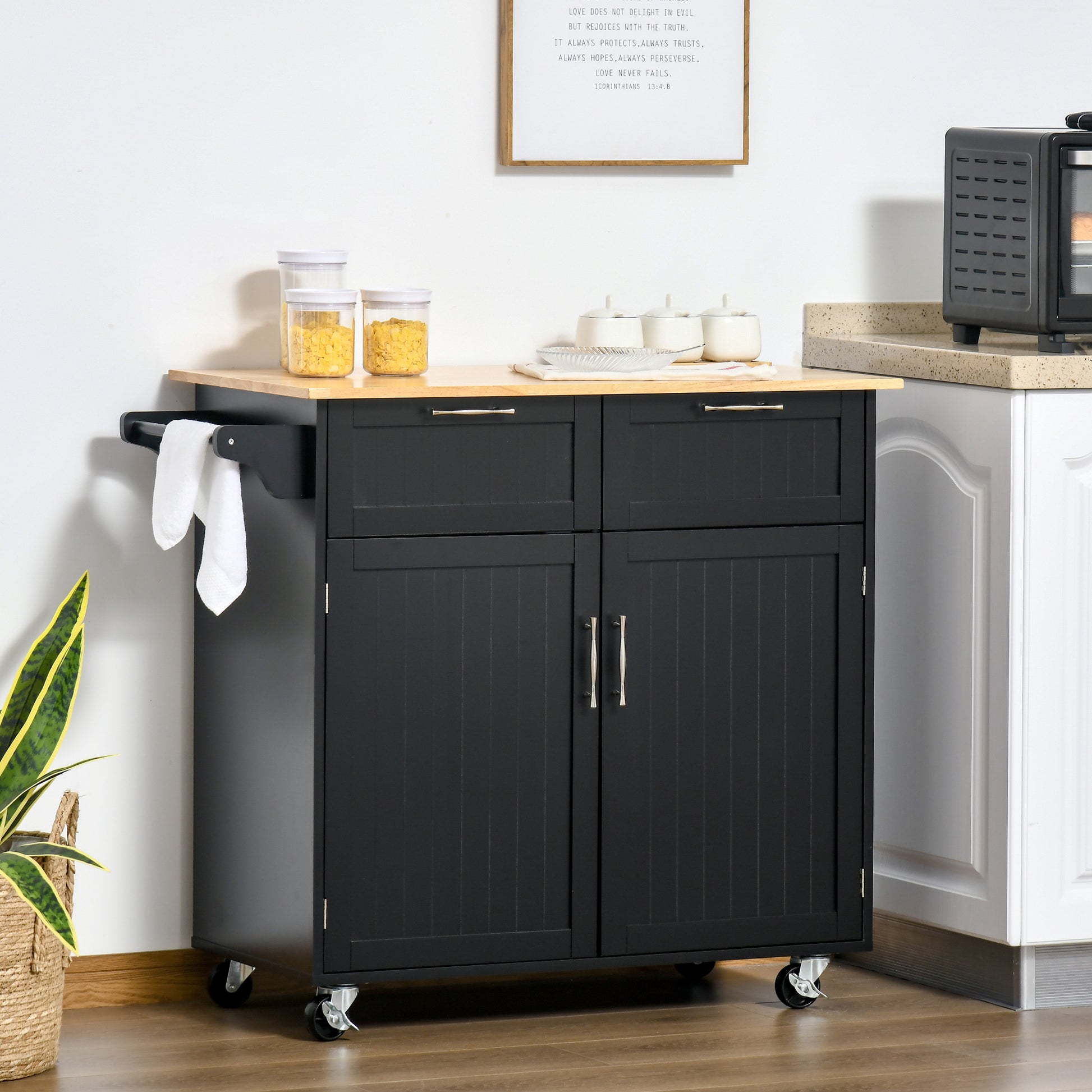 Rolling Kitchen Island, Kitchen Cart on Wheels with 2 Storage Drawers, 2 Door Cabinets and Towel Rack for Dining Room (Black, 2-Doors)